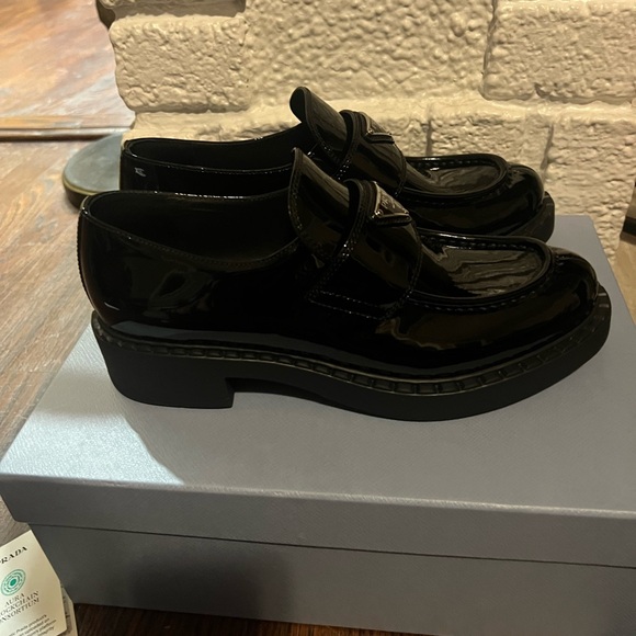 Prada Chocolate Patent Calfskin Loafers. Like new- in box. Black. Size 8.5. - Picture 8 of 14